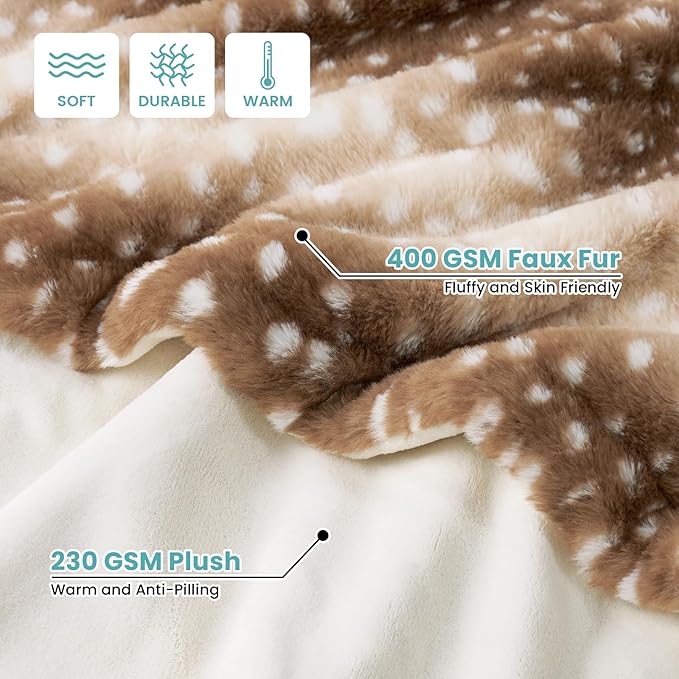 Luxury Faux Fur Blanket Deer Print, Waterproof Pet Blanket Washable, Woman Sofa Bed Couch Throw, Liquid Pee Proof for Large Dog or Cat, Reversible, Super Soft, 60x80 inch, Brown