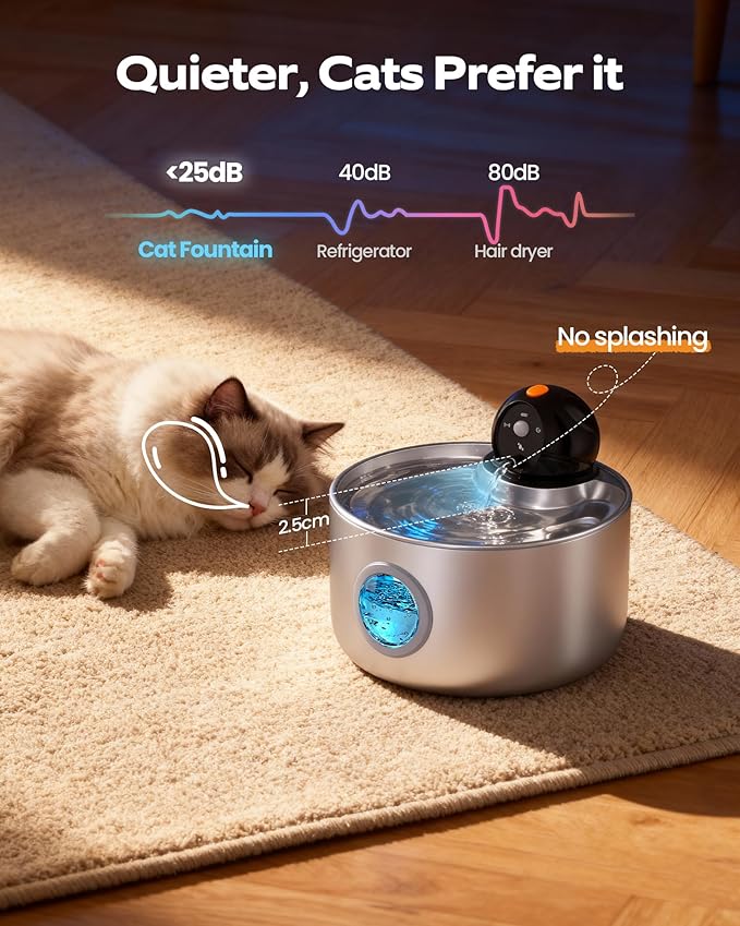 Wireless Cat Water Fountain Cordless: Stainless Steel Cat Fountains for Drinking - 88oz/2.6L Battery Operated Pet Water Fountain Indoor with Motion Sensor - Rechargeable Automatic Water Dispenser