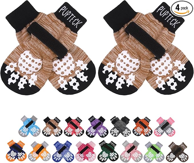 PUPTECK Anti-Slip Dog Socks with Double Sides Grips for Small Medium Large Dogs Hardwood Floors Prevents Licking, Dog Shoes for Hot Pavement Traction Control Paw Protector for Senior Dogs, Khaki XS
