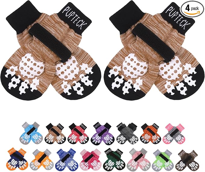 PUPTECK Anti-Slip Dog Socks with Double Sides Grips for Small Medium Large Dogs Hardwood Floors Prevents Licking, Dog Shoes for Hot Pavement Traction Control Paw Protector for Senior Dogs, Khaki XXS