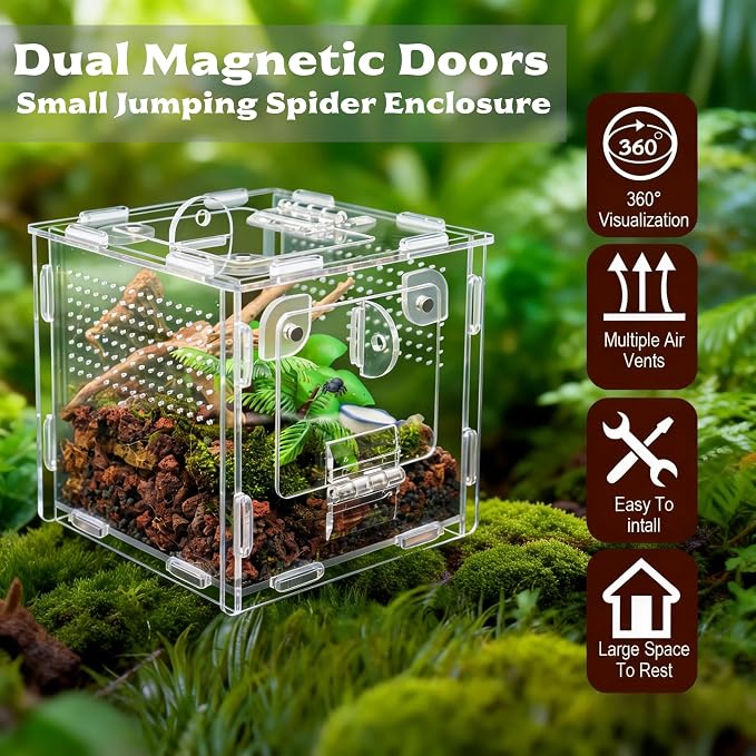 Jumping Spider Enclosure, Small Reptile Terrarium for Tarantula Hermit Crab Praying Mantis, Acrylic Insect Habitat with Magnetic Front & Top Opening (4.52" x 4.52" x 4.52")