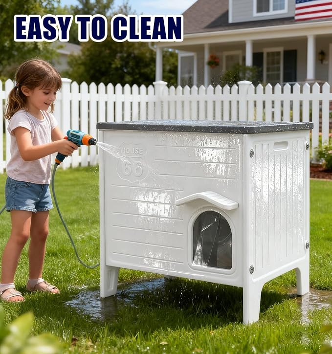 Plastic Outdoor Cat House, 100% Weatherproof Feral Cat Shelter with Safety Escape Door, Cat House with for Barn Cat,