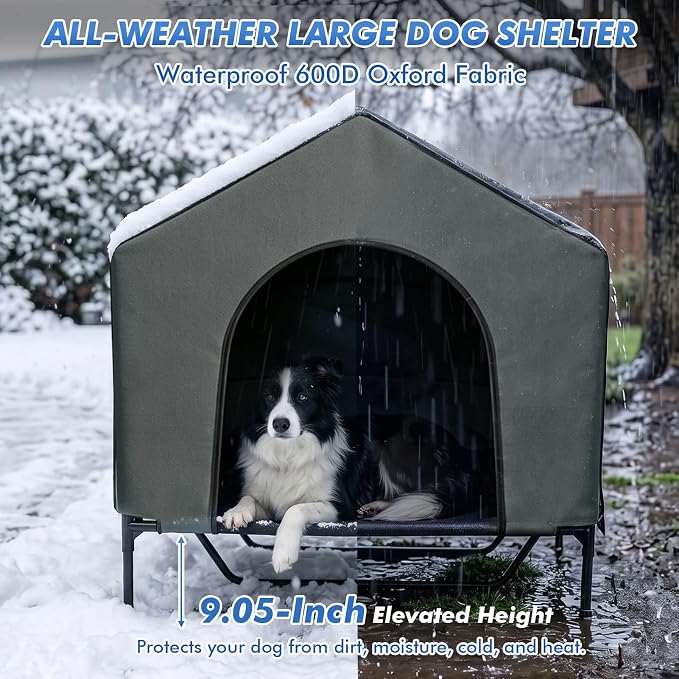Dog House Outdoor, 43" Tall 3-in-1 Elevated Dog Bed with Roof | 4-Side Breathable Mesh Window, Dog Shelter for Large Dog Breeds Outside, Dog Tent with Canopy, Weatherproof Waterproof, 200LB