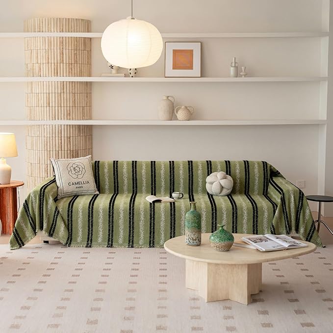 VClife Chenille Sofa Cover Bohemian Striped Pattern Couch Cover for 3 Cushion Sofa - Sage Green Black Textured Sofa Slipcover Washable Furniture Protector for Couch Decorative Couch Cushion Cover