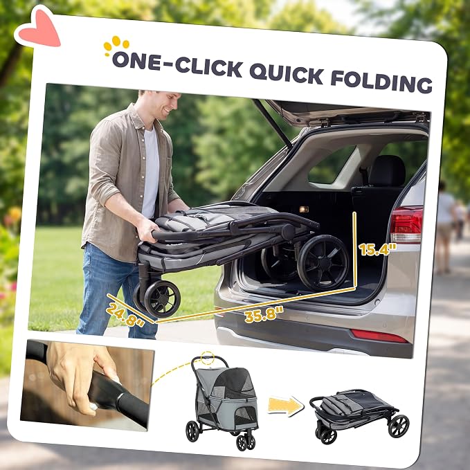 PawHut 3 Wheel Pet Stroller, Dog Stroller Dual Entry, Easy One-Click Quick Fold, All-Terrain Wagon Cart with Air Mesh, Washable Cushion, for Small and Medium Dogs and Cats Up to 44 lbs, Gray