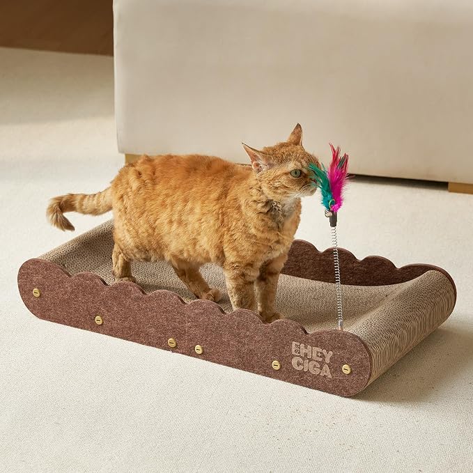 EHEYCIGA 26'' Large Cardboard Cat Scratcher Bed with 2 Cat Teaser Toy | Extra Large Fun Zone, Orthopedic Cat Couch Scratcher for Indoor Cats, Durable Cat Scratching Board, Easy Install