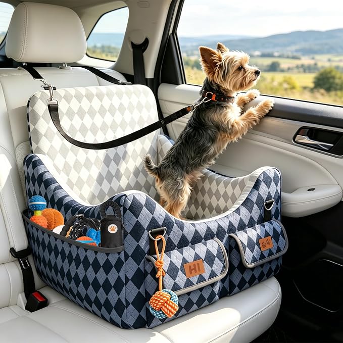 Dog Car Seat for Small/Medium Dogs up to 35lbs, 4-Pocket Storage Memory Foam Dog Booster Seat, Detachable Washable Pet Car Seat with Safety Belt, Outdoor & Indoor Use (Blue/Grey)