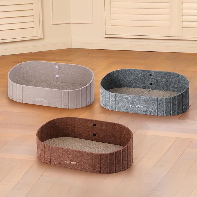 FUKUMARU Cat Scratcher, 24 Inch Sofa Shape Cat Scratching Bed Couch Indoor | Oval Felt Cat Scratcher Bed with Reversible Detachable Cat Scratching Boards, Round Cats Scratch Pads Refill, Caramel
