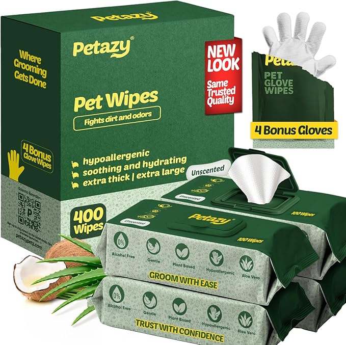 Petazy 400 Dog Wipes for Paws and Butt Ears Eyes | XL 8x8 Organic Pet Wipes for Dogs | Unscented Dog Wipes Cleaning Deodorizing | Extra Thick Paw Wipes for Dogs Cats Pets | Bonus Glove Wipes Included
