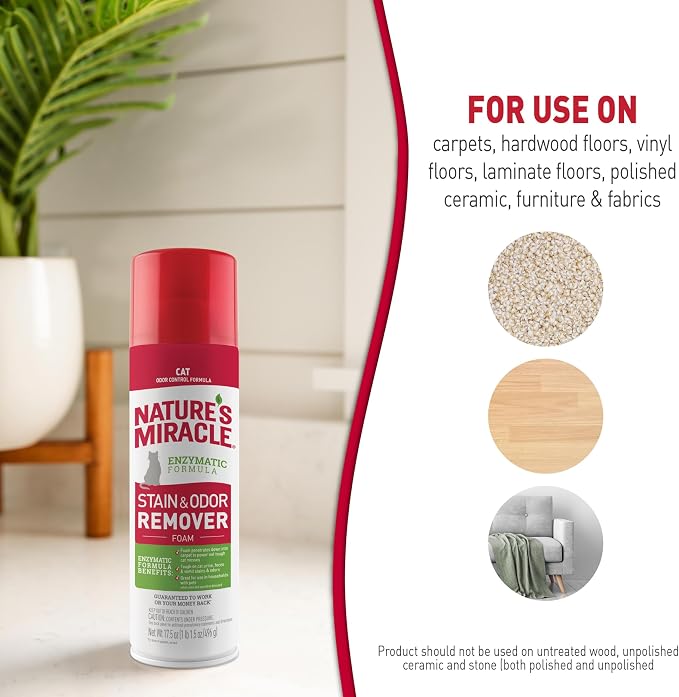 Nature's Miracle Cat Stain & Odor Remover Foam, Tough On Cat Urine, Feces, Vomit, Drool and Other Organic Stains and Odors, 17.5 oz