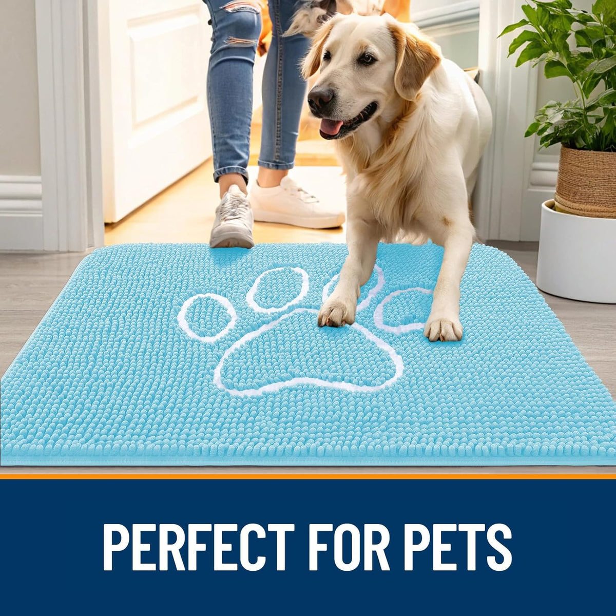 OLANLY Door Mat for Muddy Dog Paws 24x16, Ultra Absorbent Chenille Mud Doormat with Paw Print Design, Non-Slip Washable Doormat for Indoor Entryway, Quick-Dry Pet Bed Mats for Dirty Dogs, Blue