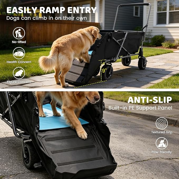 REDCAMP Folding Dog Wagon with Canopy, 150lbs Dog Stroller with 6 Wheels | Collapsible Utility Cart with 17.3" Extendable Ramp for 2 Medium Dogs Large Dog, All-Terrain Wheels with Brake for Senior Pet