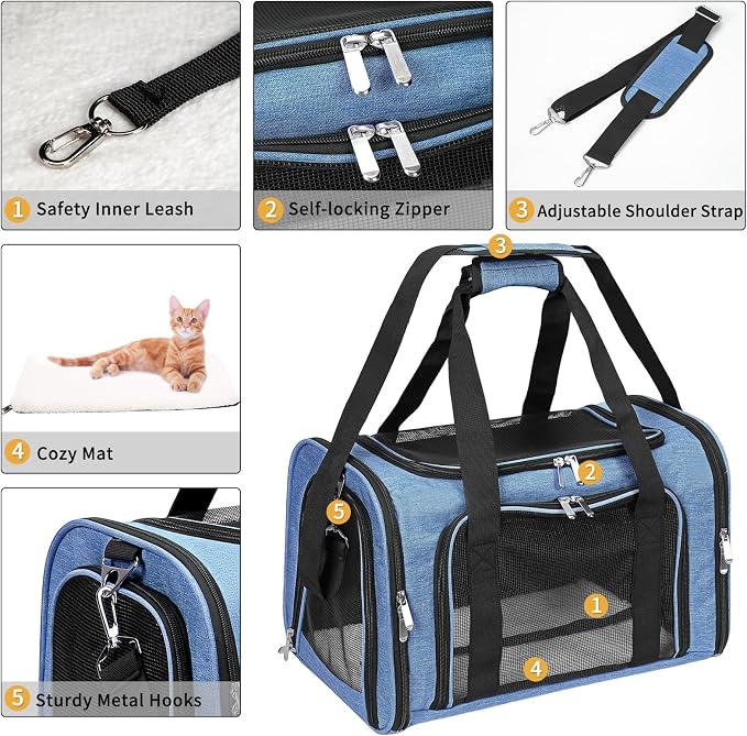 Soft-Sided Cat/Dog/Pet Carrier, Collapsible Pets Travel Carriers for Big Cats/Small Dogs with Shoulder Strap & Removable Mat, Mesh Puppy Carry Bag, Up to 16 Lbs, TSA Airline Approved(Blue)