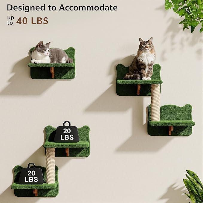 16-in-1 Cat Wall Shelves, Cat Furniture w/Tunnel & Bridge, Green | Wall Mounted Cats Shelf Set with Plush Fabric, Cat Climbing Wall Systems for 16 Inch Drywall, with Scratching Posts, Condos