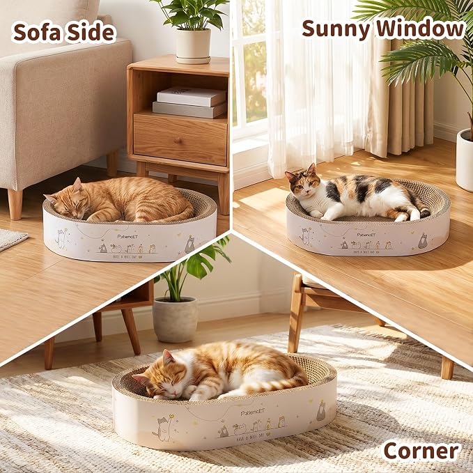 PatiencET 2-in-1 Oval Cat Scratcher Bed, Cardboard Lounger Scratch Bowl | Pad for Indoor Cats and Kittens, Corrugated Kitty Scratching Board, Durable Furniture Protector