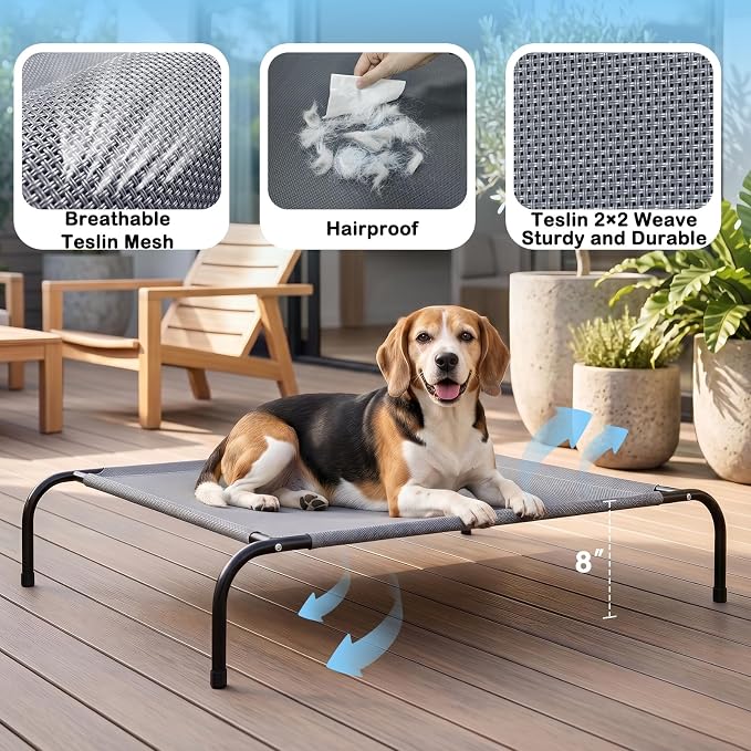 SZEE Elevated Dog Bed, Cooling Dog Cot Bed, Support Up to 65 LBS for Small Breeds, with Durable Steel Frame, Reversible Ice Silk Mat & Sturdy Teslin Mesh, Outdoor & Indoor All-Season Use - S
