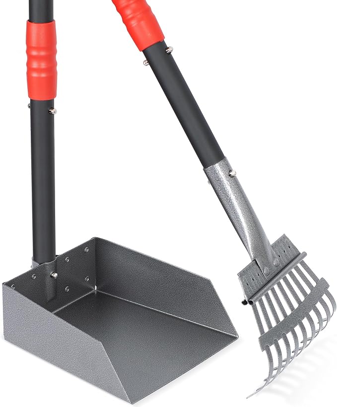 Dog Pooper Scooper, Dog Poop Tray and Rake Set with Long Stainless Handles | Pet Waste Removal Scoop with Adjustable Sectional Handles