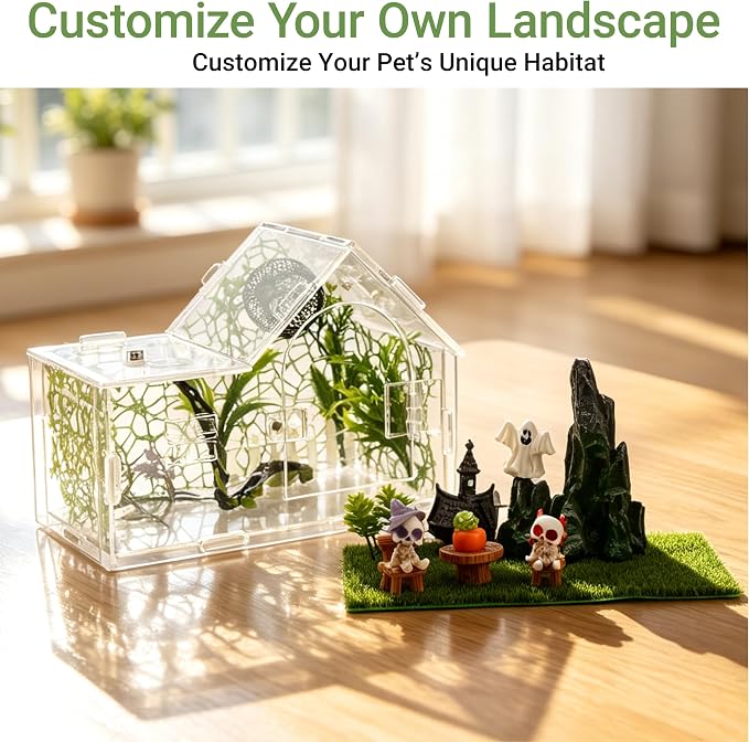 Acrylic Jumping Spider Enclosure Kit 23PCS with Decor | Gothic ornaments, plants, clear view, for mantis & tarantula