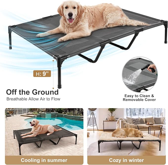 petizer Large Dog Cots Beds for Medium Dogs, Holds up to 100lbs, Breathable Cooling Mesh & Strong Center Bars, 36x30x9'' Anti-Sag Lifted Dog Bed, Indoor & Outside Use, Black