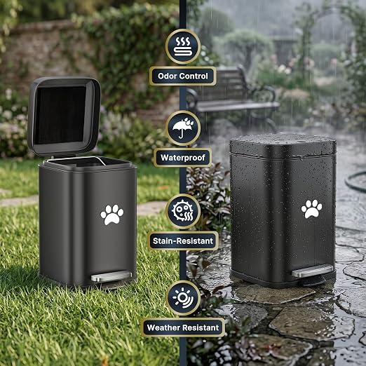 Small Dog Poop Trash Can Outside with Odor Control Lid, 5L/1.3Gal Metal Step Pedal Waste Bin & Removable Inner Bucket, Includes 30 Trash Can Bags, Indoor/Outdoor/Yard Dog Waste Trash Can (Black)