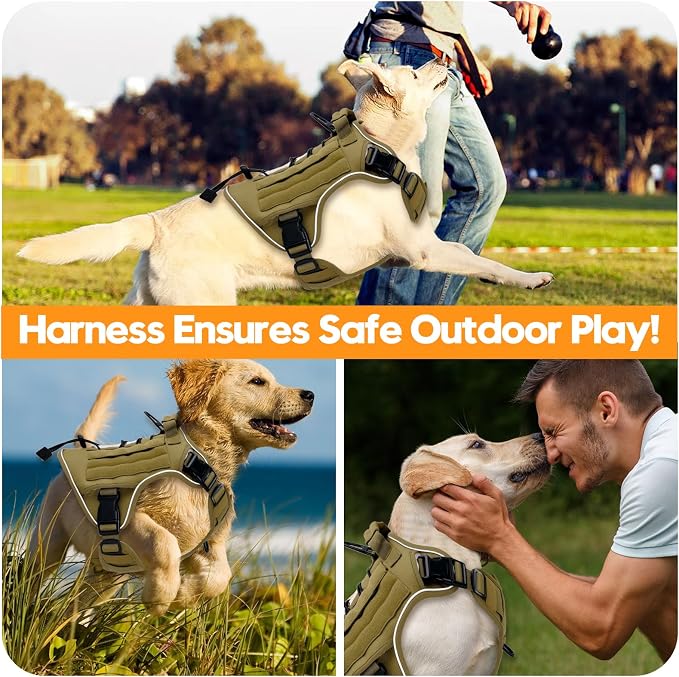 Heavy-Duty Tactical Dog Harness for Large Dogs, No Pull Adjustable Reflective Pet Vest with Molle System, K9 Military-Grade Control for Service Training, Outdoor & 10+ Breeds, Khaki, Large