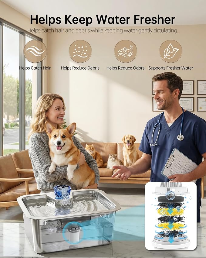 3Gal Large Dog Water Fountain Dispenser, 11L Stainless Steel Pet Fountain with 6 Filters, Ultra Quiet Automatic Dog Water Bowl Dispenser for Large & Multi-pet, Wide Drinking Area, Easy to Clean