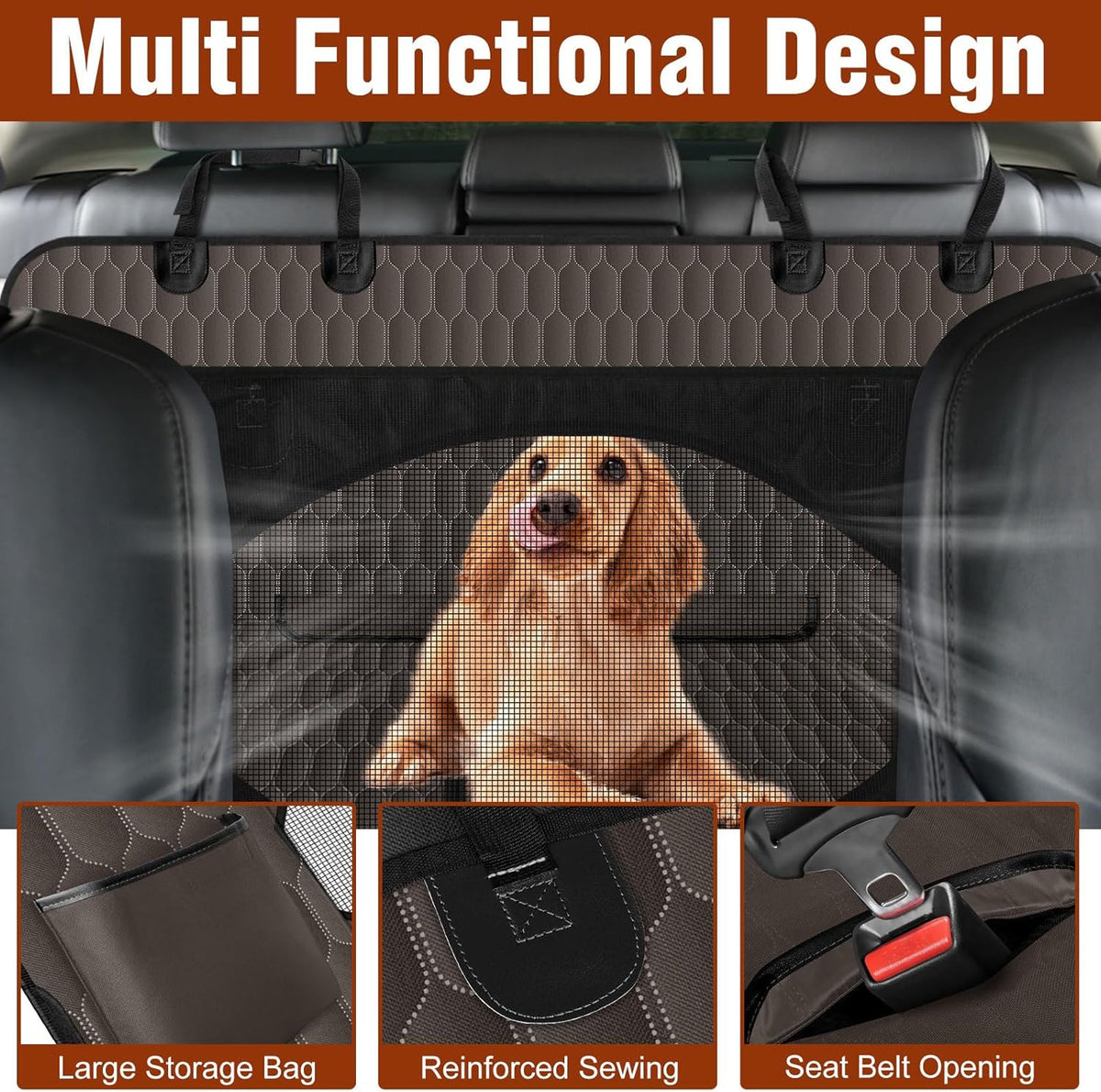 Waterproof Dog Car Seat Cover - Scratch Proof Nonslip Back Seat Hammock with Mesh Window & Storage Pocket for SUVs/Trucks/Sedans-S, Brown/Black