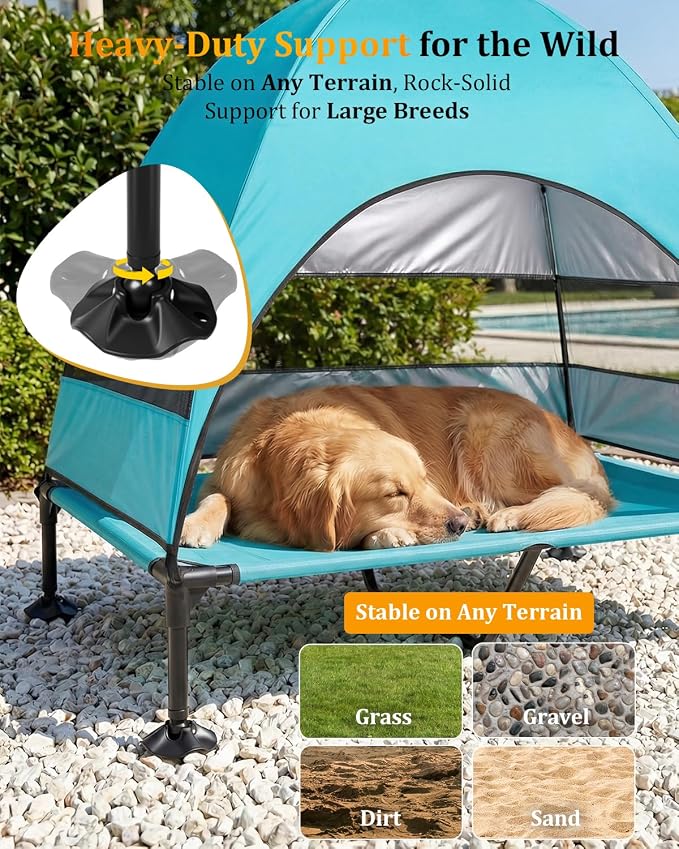 Elevated Dog Bed with Canopy - 3-Sided UV Protection Pet Tent with Wider Shade, Raised Cooling Outdoor Dog Cot with Breathable Mesh for Medium Large Dogs, Portable Bed for Camping, Patio (Aqua, XL)