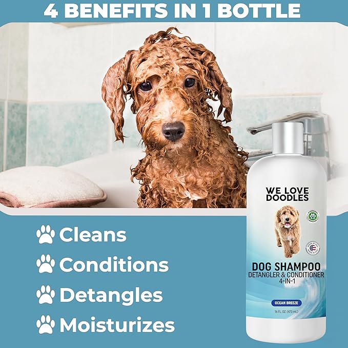 Dog Shampoo, Conditioner & Detangler-Best Shampoo for Goldendoodles, Poodles & Doodles Pet Hair -Hypoallergenic, Tearless, Sensitive Skin for Puppies & All Dog Breeds -Made in USA,16OZ (Ocean Breeze)