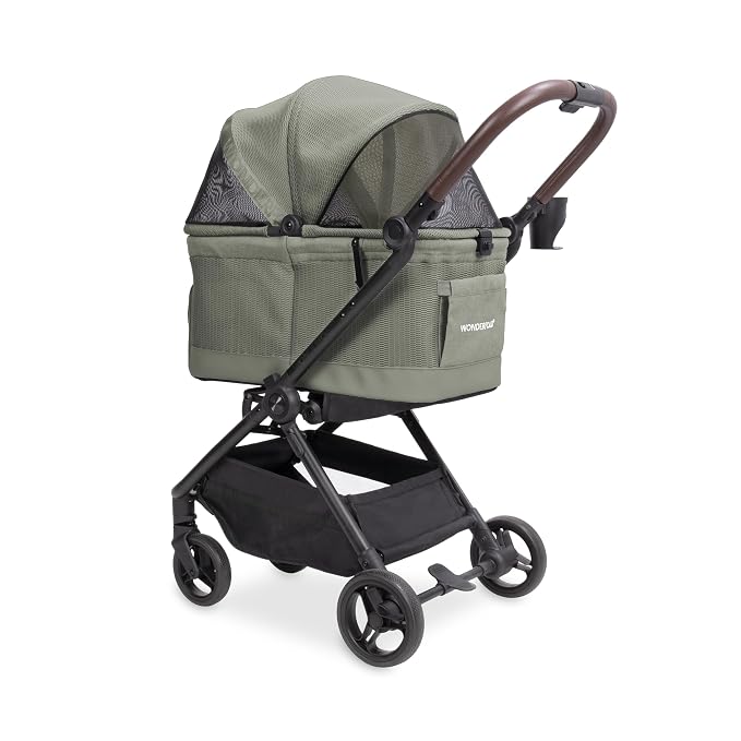 WonderFold Bella Pet Stroller - Autofold Design with Lightweight Aluminum Frame, Breathable Carriage Fabrics and Canopy, Safety Tethers & Easy-Clean Interior - Moss