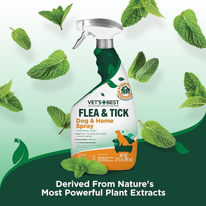 Vet’s Best Indoor Flea and Tick Spray – Dog Flea and Tick Treatment for Home, Plant-Based Formula with Natural Oils, Kills Fleas, Eggs & Ticks on Contact, Made in USA, 32 oz