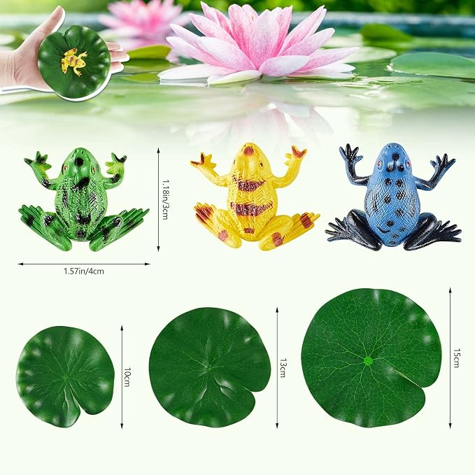 Hungdao 72 Pieces Mini Plastic Frog Toys and Artificial Lily Pads, Include Colorful Realistic Frogs Rainforest Animals Figures Character Toys and Floating Foam Leaves for Pool Decor Party Favor