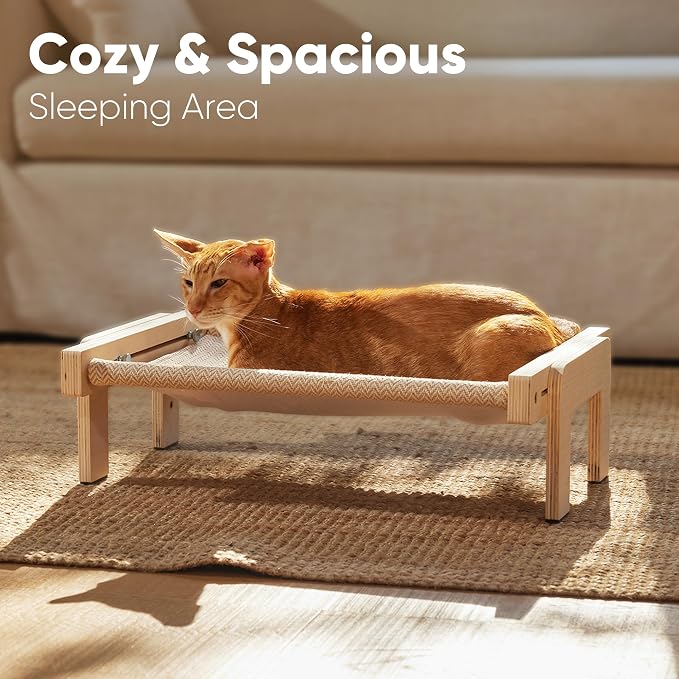 FUKUMARU Cat Window Perch, Sturdy Wood Hammock Window Bed for Indoor Cats | 3-in-1 Convertible Cat Bed for Windowsill, Bedside & Floor, Reinforced Metal Frame Hammock with Washable Linen Fabric