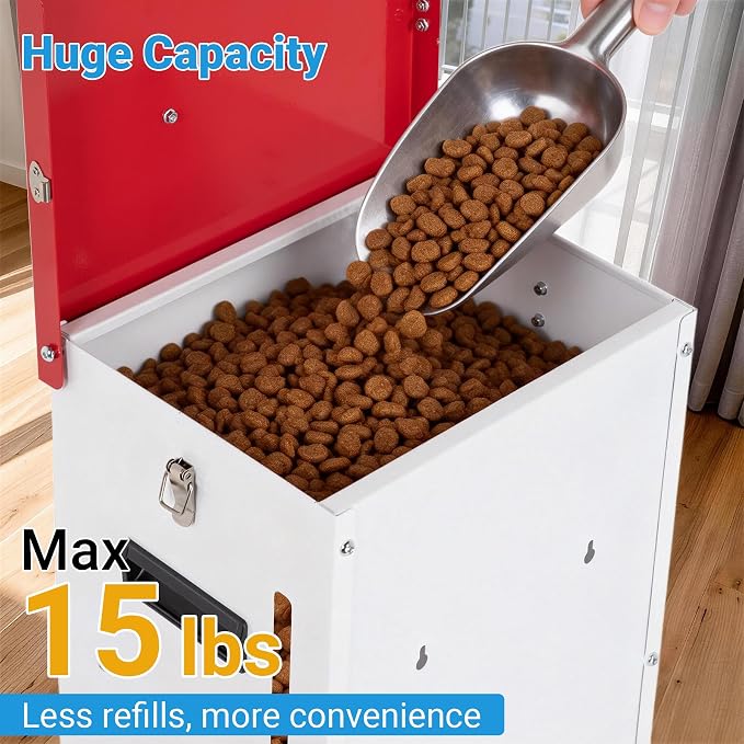 Automatic Dog Feeder, 2 PCS 15LBS Capacity Auto Gravity Dispenser | Powder Coated Dog Feeder, Waterproof for Indoor & Outdoor Use, 10.2"L x 8.3"W x 19"H, Red and White