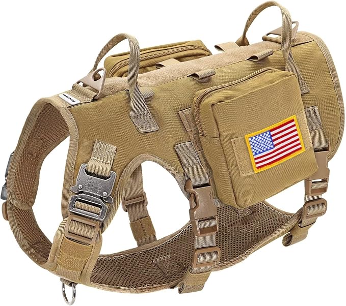 Forestpaw Tactical Dog Harness Pouches and Patches Set,L,Brown | Adjustable Fits 27-40" Chest,70-140 lbs,No Pull Military Style Service Dog Vest for Daily Walking Training,Medium Large Dogs