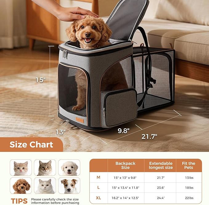 Lekereise Pet Carrier Backpack Expandable Cat Backpack for Medium Dogs and Large Cats 20-25 Lbs,14“L * 12.5" W * 16.14" H, Grey
