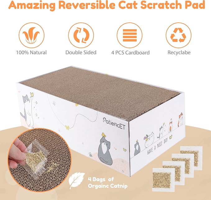 PatiencET Cat Scratch Pad with Box, 4 Pack Cardboard Cat Scratcher Lounge Bed for Indoor Cats, Reversible Corrugated Scratching Board Refill with Catnip