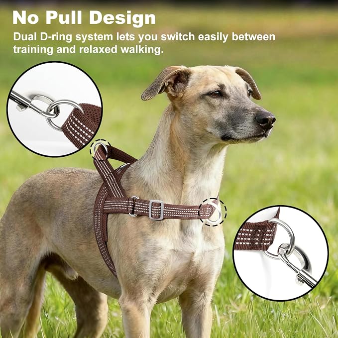 No Pull Dog Harness with Handle, Adjustable Soft Mesh Padded Vest | Reflective Walking Harness with Front Clip for Small Medium Large Dogs, Quick Fit No Escape for Training, Chocolate, L