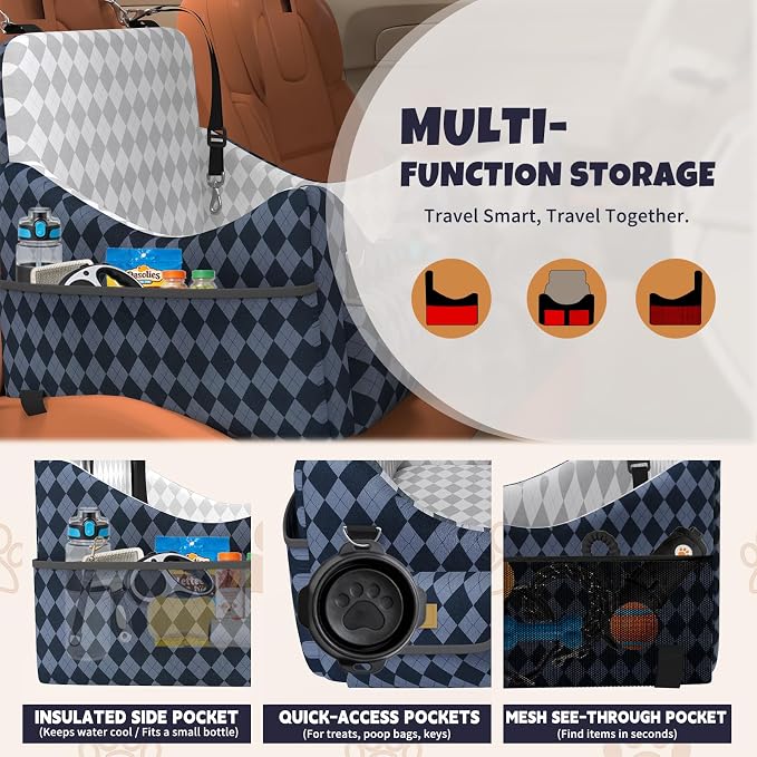 Dog Car Seat for Small/Medium Dogs up to 35lbs, 4-Pocket Storage Memory Foam Dog Booster Seat, Detachable Washable Pet Car Seat with Safety Belt, Outdoor & Indoor Use (Blue/Grey)