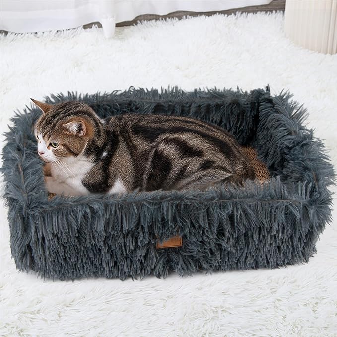 Cat Lounge Scratcher Box with Removable Cardboard (Dark Grey) | High-density Corrugated Cardboard with Double-sided Use, Soft Long Plush, Release Stress and Protect Furniture