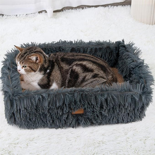 Cat Lounge Scratcher Box with Removable Cardboard (Dark Grey) | High-density Corrugated Cardboard with Double-sided Use, Soft Long Plush, Release Stress and Protect Furniture