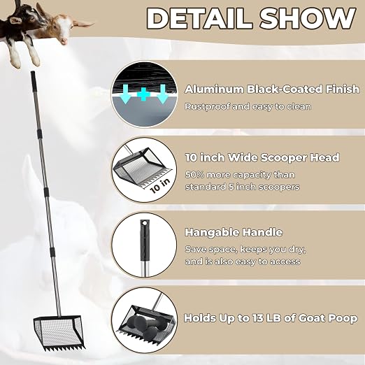 Goat Pooper Scooper, 4-in-1 Goat Stall Sifter Shovel (22 to 61 Inch,Black) | Accessories & Supplies for Goat, Chicken Poop Scooper for Sand, Horse/Sheep/Duck/Cow, Pooper Scooper Rake for Livestock