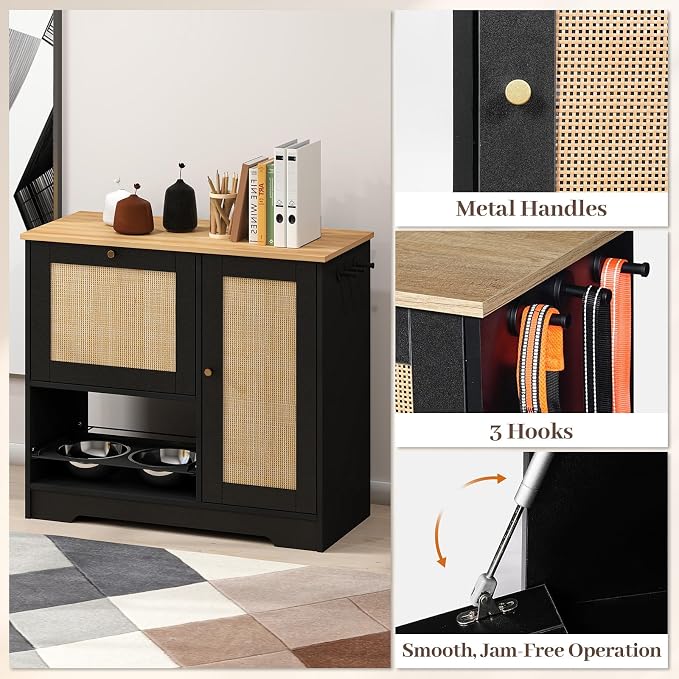 Rovibek Dog Food Storage Cabinet with 2 Raised Dog Bowls and Storage | Pet Food Cabinet Feeding Station and Dogs Food Storage Organizer with 3 Hooks for Living Room