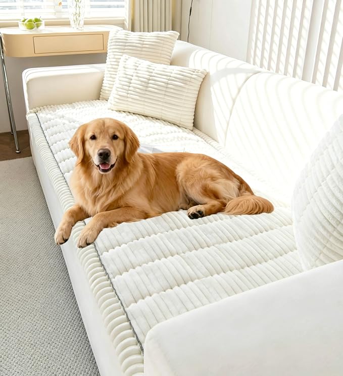 OTOB Dog Couch Covers for 3 Cushion Washable Non Slip Plush Pet Friendly Bed Mat Sofa Cover for Dogs, All Seasons Cozy Soft Fuzzy Furniture Protector Sofa Slipcovers (Cream, 27.6" x 59.1")