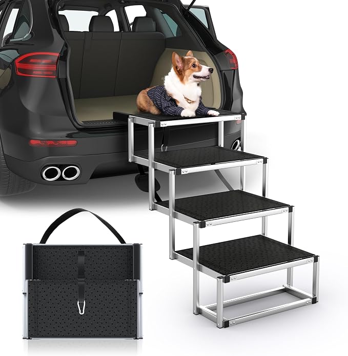 Foldable Dog Stairs for Car, 17" Aluminum Dog Steps for Car 4 Steps | Collapsible Dog Ramp for Car with Non-Slip Surface, Portable Pet Ramps Stairs SUV, High Beds, Truck, Supports up to 200 lbs