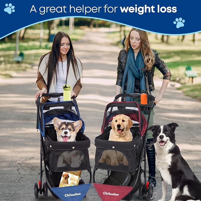 Pet Stroller,Dog Stroller for Small Medium Dogs Cats,3 Wheels,Foldable,with Breathable Mesh Canopy,Cup Holders,Easy Assembly (Blue+Black)