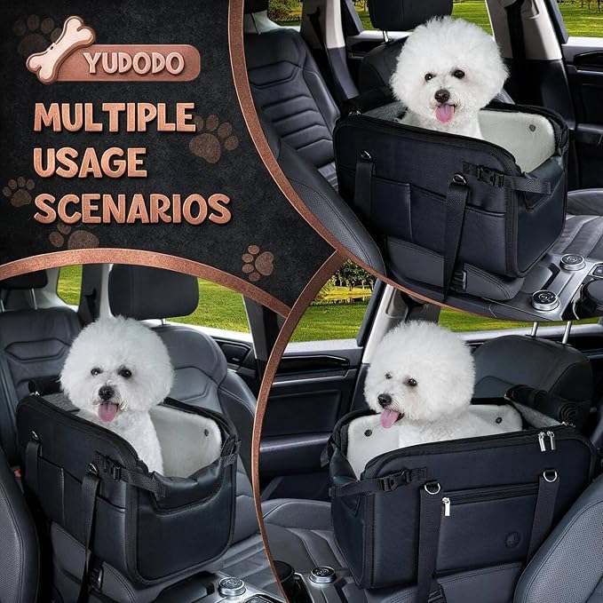 YUDODO 10-18lbs Large Console Dog Car Seat with Removable Velvet Cushion | Portable Puppy Cat Seat, PU Leather, Waterproof, Wipe Clean, Safe & Durable, Side Pockets, for Truck & SUV-Width>9.5in, Black