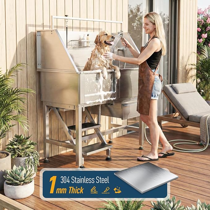 46" Dog Washing Station, Leak-Proof 304 Stainless Steel Dog Bathtub with Non-Slip Removable Left Stair & Storage Drawer, Elevated Pet Wash Station for Large Dogs, Indoor & Outdoor Use (Left Stair)
