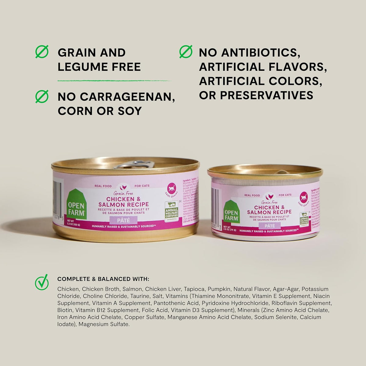Open Farm Canned Cat Food, Paté for Complete & Balanced Nutrition, Grain-Free and Legume-Free Wet Cat Food, Chicken & Salmon Recipe, 5.3oz Cans (Case of 12)