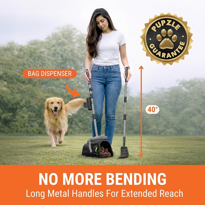 Pupzle Dog Pooper Scooper with Bag Attachment, 40" Long Handle Dog Scooper